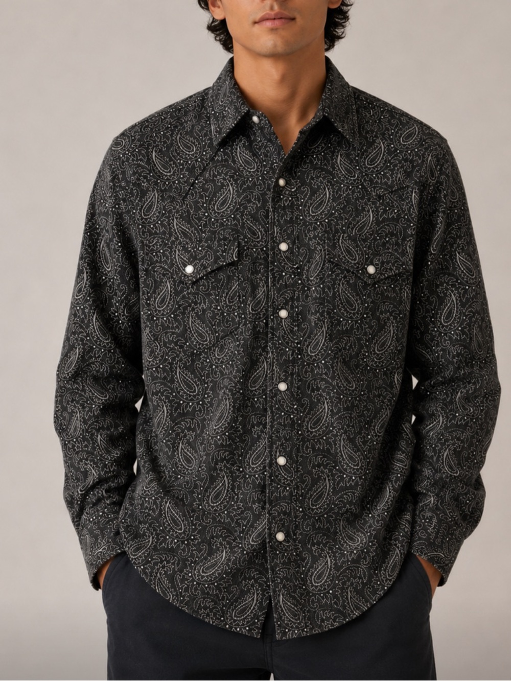 Wrangler Black Paisley Long-Sleeve “Wrancher” Shirt, Pearl Snap Buttons, Pockets